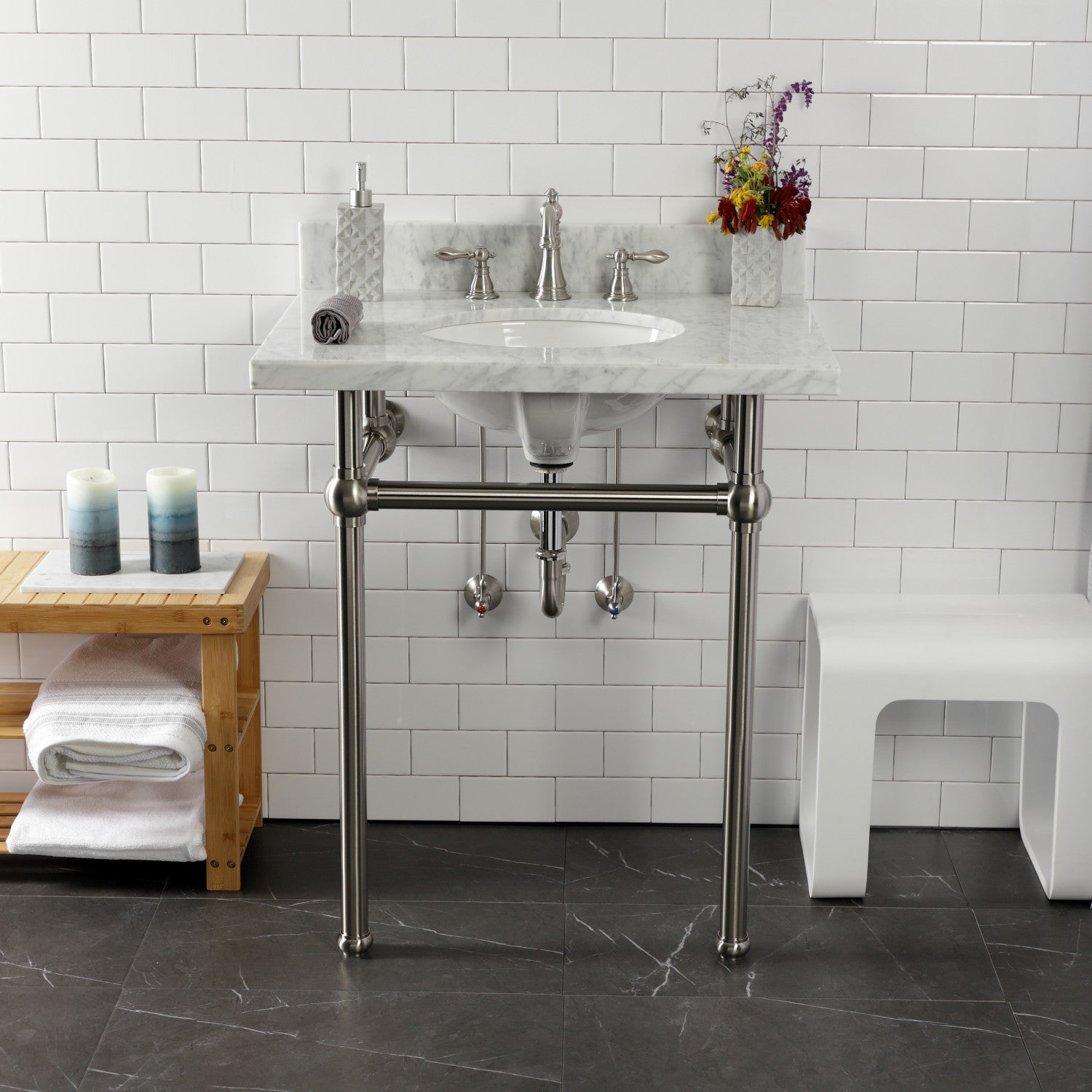 Kingston Heirloom FSC1978ACL - American Classic Two-Handle 3-Hole Deck Mount Widespread Bathroom Faucet with Pop-Up Drain, Brushed Nickel — thumbnail 2